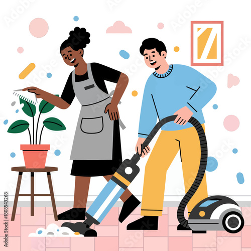 Couple cleaning together, minimal flat design, home chores concept