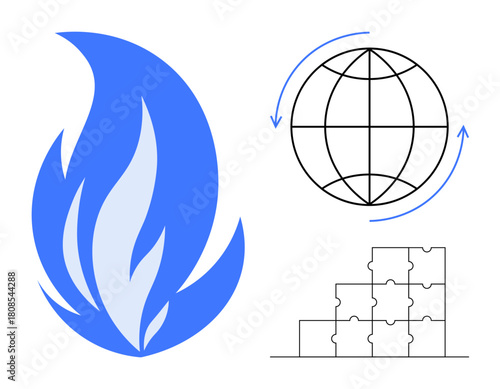 Renewable energy . Abstract flame energy, globe for global sustainability, and puzzle blocks for teamwork and collective solutions. For energy, sustainability, teamwork, environmental solutions
