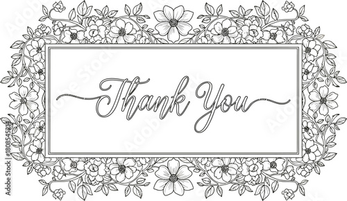 Thank you message with floral frame in elegant line art