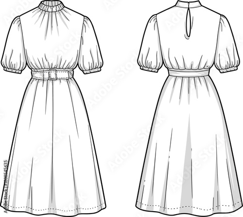 Women’s puff sleeve midi dress technical fashion template with belt, front and back views, detailed garment sketch, cad drawing flat vector illustration