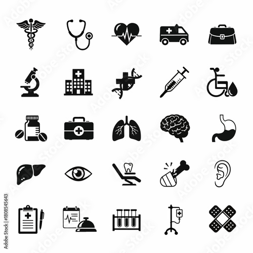 Collection of Medical and Healthcare Icons Including Caduceus, Stethoscope, Hospital, DNA, and More