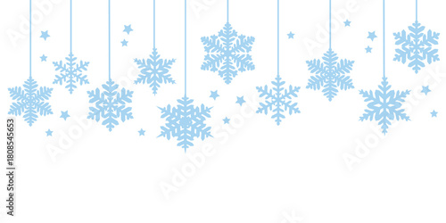 Blue snowflake garland on white background. Snow banner, vector snowflake decorative header, winter holiday design with copy space
