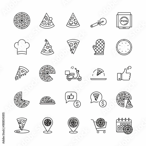 Collection of Pizza and Food Delivery Icons, Including Pizza Slices, Chef Hat, Scooter, and Calendar, Vector Illustration