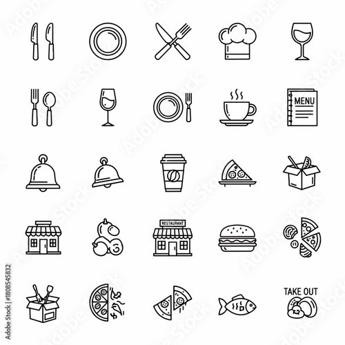 Collection of restaurant and food icons, including cutlery, plates, chef hat, wine glass, coffee cup, menu, and takeout box.