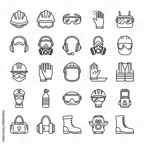 Collection of safety equipment icons including hard hats, safety glasses, respirators, headphones, gloves, vests, and boots