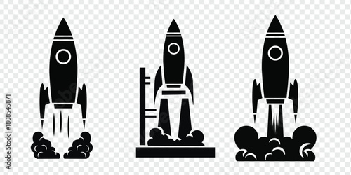 Monochrome rocket launch icons set. three distinct graphic silhouettes illustrating startup, innovation, progress, growth, and space exploration concepts.