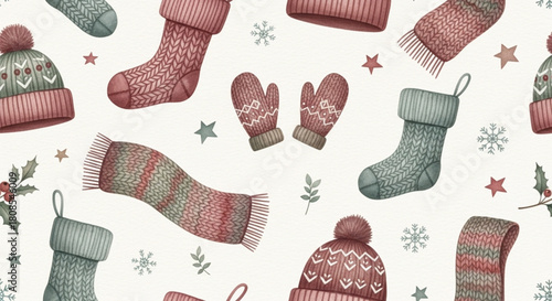 Watercolor Winter Knitwear Seamless Pattern with Hats Socks Mittens and Scarves