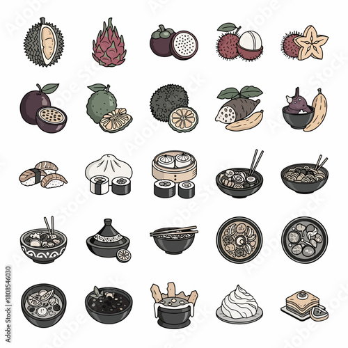 Colorful Flat Design Icons of Exotic Fruits and Asian Dishes, a Delicious Culinary Collection