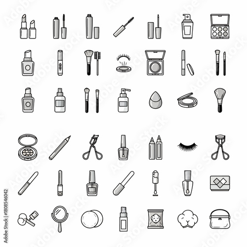 Collection of Vector Icons Representing Various Cosmetic and Makeup Products and Accessories for Beauty and Personal Care