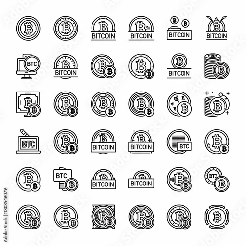 Diverse Bitcoin and BTC cryptocurrency icons representing digital finance, blockchain technology, and secure online transactions in a clean outline style.