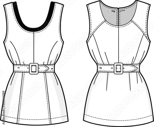 Stylish sleeveless belted dress technical fashion sketch showing front and back views with detailed stitching lines for garment design illustration
