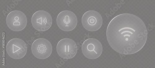 Collection of transparent glass button icons for user interface design, featuring various symbols and functions isolated on
