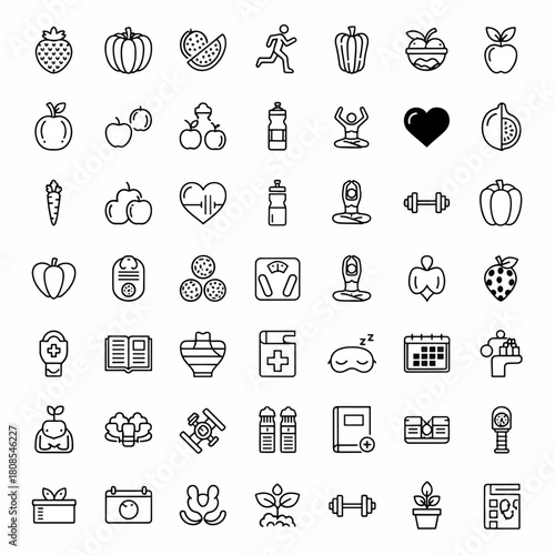 Healthy Lifestyle Icons Set Featuring Fruits Vegetables Fitness Yoga Water and Medical Symbols for Wellness