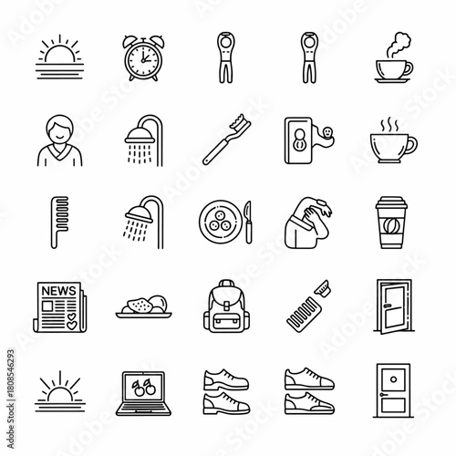 Morning Routine Icons Set Sunrise Alarm Clock Shower Toothbrush Coffee and Daily Activities Vector Collection