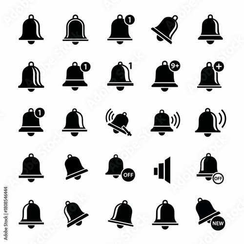 Bell icons collection notification symbols and alerts, new message sign, sound off, and volume settings