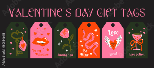 Saint Valentine's Day vector gift tags, cards, sticker elements set. Collection of cute groovy funky cartoon illustration of bow, cupid, heart, arrow. Romantic 14 February design concept