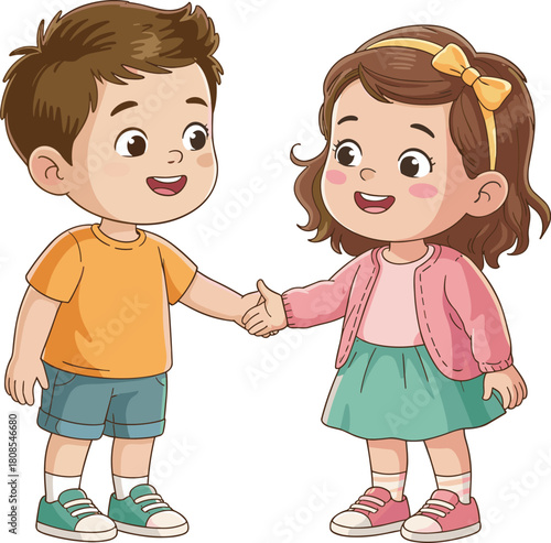 Cute cartoon boy and girl shaking hands showing friendship, kindness, communication, teamwork, cooperation, positive behavior, and social interaction for children’s educational illustrations