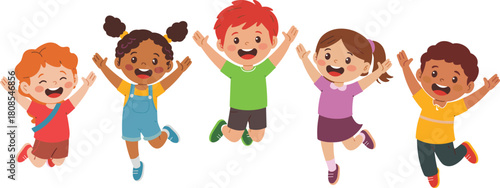 Happy diverse children jumping together in fun cartoon illustration, joyful kids celebrating, playful childhood moment perfect for education, school, and parenting themes