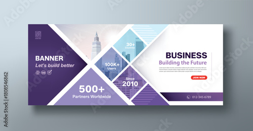 Purple corporate web banner mockup, a social media template for branding and a cover header background for websites