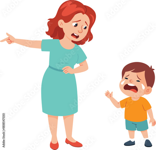 Illustration of upset mother scolding crying child showing family conflict parenting stress emotional reaction and discipline concept in cartoon style
