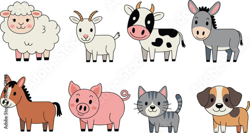Cute cartoon farm animals collection featuring sheep, goat, cow, donkey, horse, pig, cat, and dog illustrations for children’s learning, books, stickers, and designs