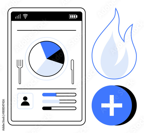 Nutrition app interface. Nutrition tracking pie chart, flame icon for calories burned, and health metrics for comprehensive fitness management. For wellness, app design, health apps, fitness tools