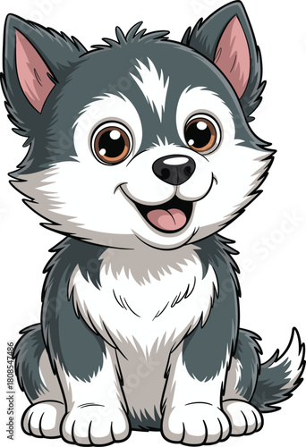 Cute smiling cartoon puppy sitting happily with fluffy fur and big expressive eyes, adorable dog illustration perfect for children’s designs, stickers, and pet graphics