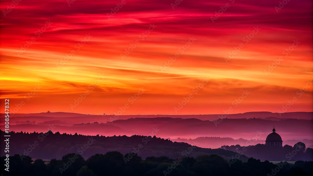 Obraz premium Misty Sunset Landscape – Vibrant Sky over Forested Hills and Foggy Valley