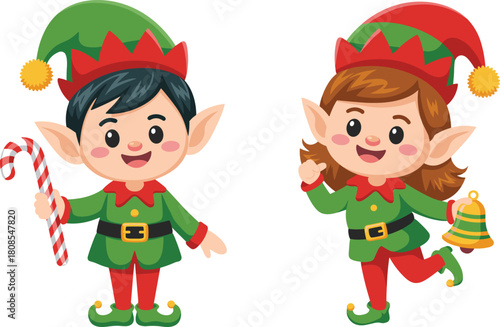 Cute Christmas elf characters holding candy cane and festive bell, joyful holiday cartoon illustration perfect for kids decoration, greeting cards, and winter artwork
