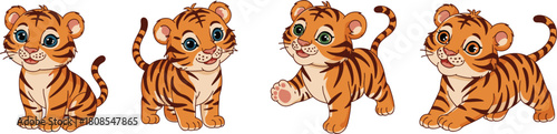 Adorable cartoon tiger cub characters in playful poses, cute wildlife animal illustration perfect for children’s designs, educational materials, and creative artwork