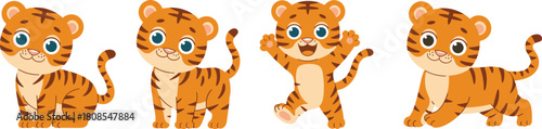 Cute cartoon tiger cub characters in various playful poses, adorable animal illustration perfect for children’s designs, education materials, and creative artwork