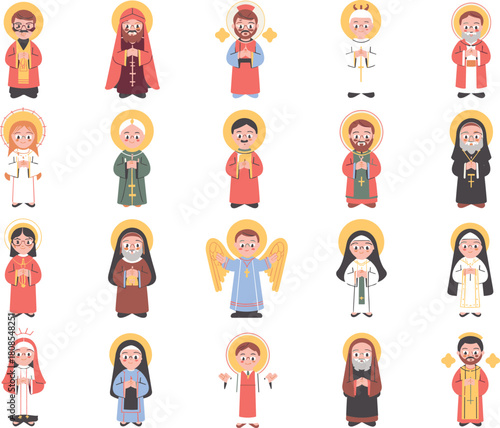 Collection of cute cartoon religious characters with saints, priests, nuns, and angels in colorful spiritual illustration set for faith-themed designs