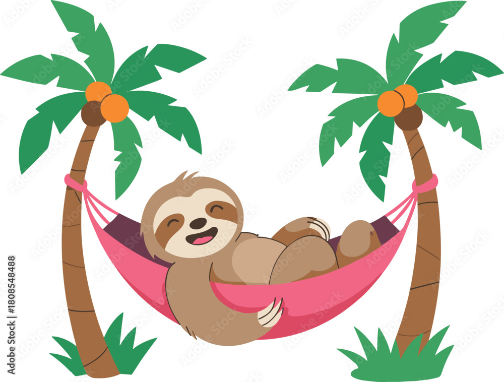 Obraz premium Cute cartoon sloth resting in a colorful hammock between tropical palm trees, perfect for summer designs, children’s illustrations, relaxation themes, and playful artwork
