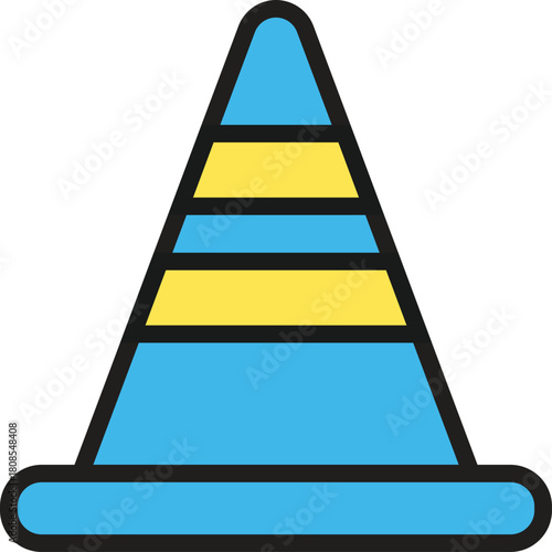 Emergency road safety icon depicting a vibrant blue traffic cone with yellow stripes, symbolizing caution and warning for construction and hazardous zones