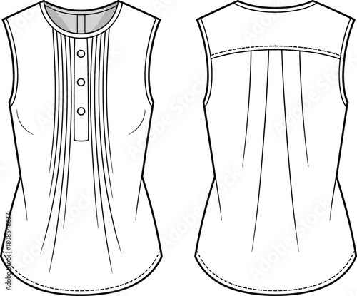 Sleeveless women’s top with front pintuck pleats and button placket, detailed technical fashion CAD drawing flat vector illustration for apparel design templates