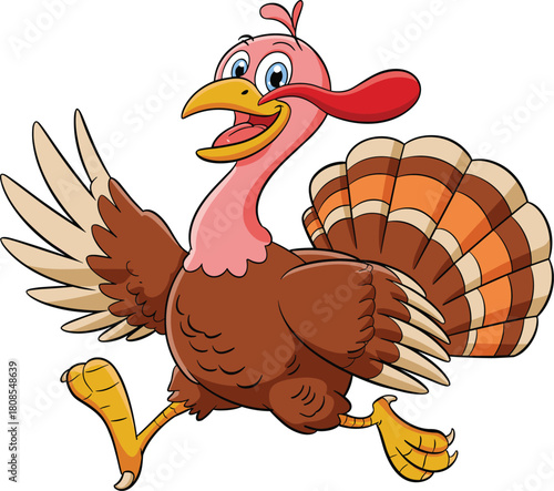 Happy cartoon turkey running cheerfully with colorful tail feathers, fun festive Thanksgiving character illustration for holiday designs and seasonal artwork