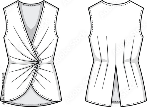 Elegant women’s sleeveless top with pleated front twist design and button details, technical fashion cad drawing flat vector illustration for apparel designers