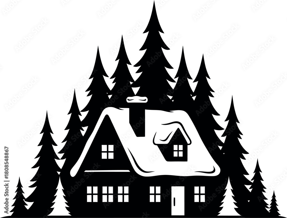 Fototapeta premium Snowy christmas cabin in pine woods