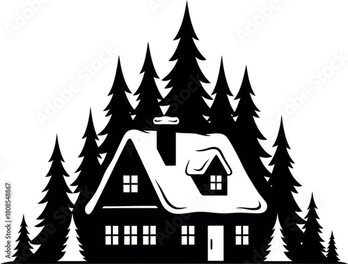 Snowy christmas cabin in pine woods