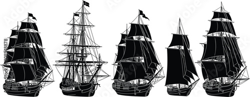 Set of black silhouettes of vintage sailing ships and antique vessels with sails, nautical vector illustration, isolated on white background.