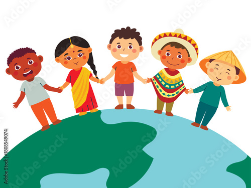 Children of different nationalities stand on a miniature globe. Concept of friendship between peoples of different nationalities. Vector illustration.