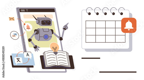 Robot on mobile screen processes tasks thumbs up translation, scheduling, and reminders. Open book with light bulb implies learning. Ideal for automation, innovation, productivity, education
