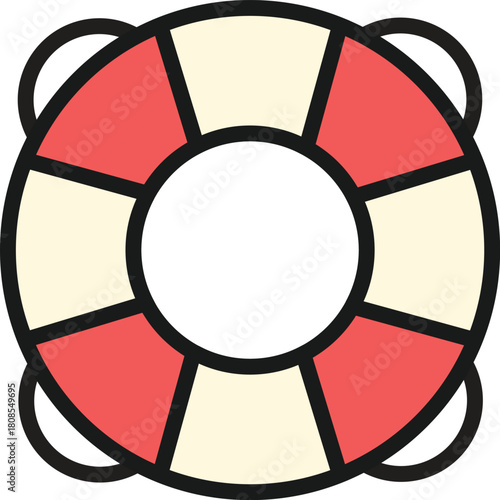 Red and cream colored life preserver icon, symbolizing safety, rescue, and emergency situations, suitable for maritime and water safety contexts