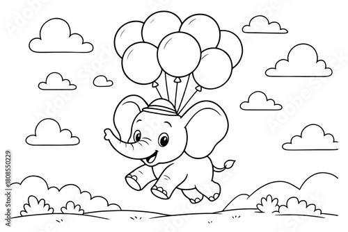 Cute Baby Elephant Flying with Balloons Over Clouds and Hills, Black and White Outline