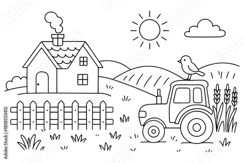 Farm Scene with Tractor, House, Bird, and Fields for Coloring