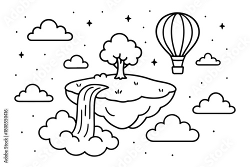 Floating Island Waterfall Hot Air Balloon Clouds Stars Whimsical Line Art Illustration