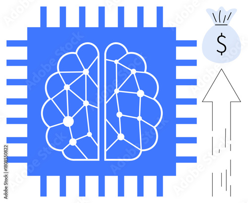 Brain-thumbs up circuit inside a microchip with upward arrow and money bag, representing AI and technology for financial progress. Ideal for AI, finance, innovation, growth, technology, startups