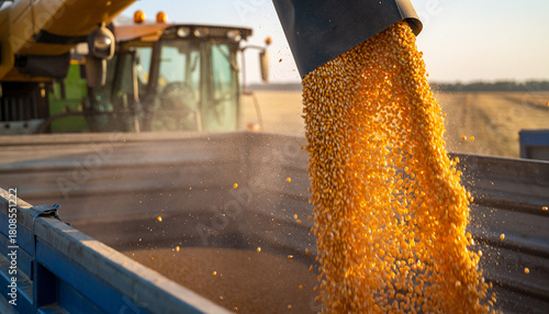 Golden stream of harvested corn kernels pouring from an auger.