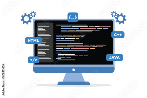 Computer programming or developing software concept. Computer with code on screen vector illustration