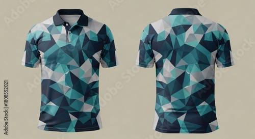 Digital sublimation polo t-shirt mockup, complex geometric low-poly triangle seamless pattern design, modern artistic camouflage style athletic team apparel template.